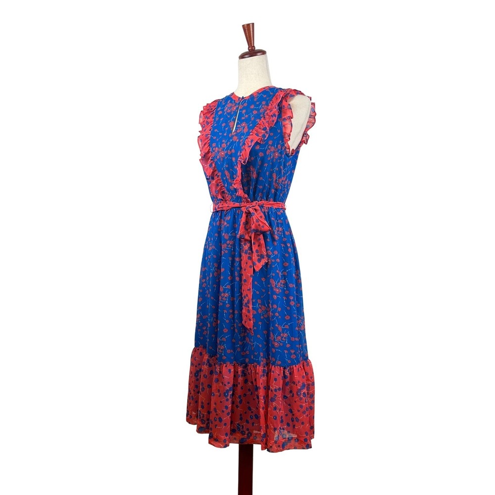 Boden‎ Elise Floral Midi Dress Ruffle Trim Sleeveless Belted Blue Red Size US 6R
